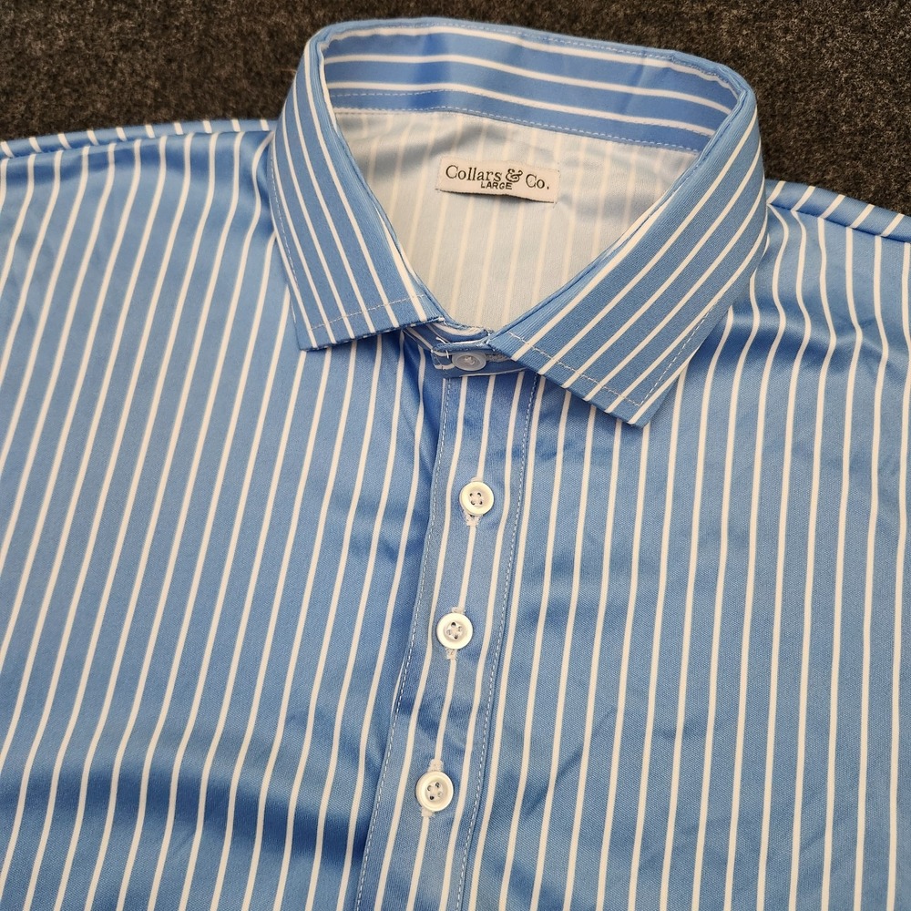 Collars and Co Men's Large Firm Dress Polo Shirt Blue White Striped